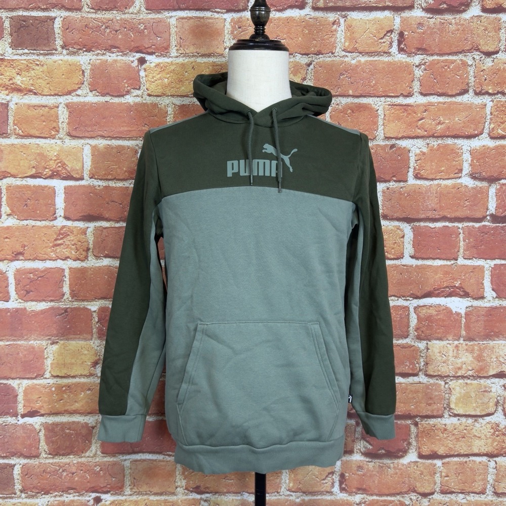 Puma Pullover Hoodie Green with Logo Men's Size Small Pockets‎ Drawstring EUC